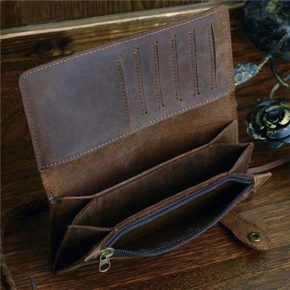 Mens Genuine Leather Bifold Wallet Organizer Checkbook Removable Chain Wallet